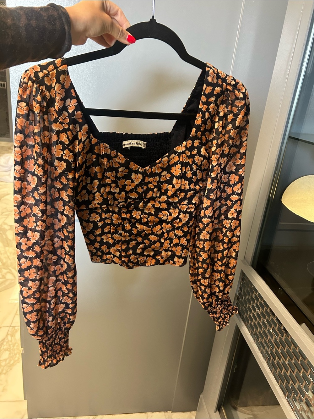 Abercrombie & Fitch Black Crop Top with Orange Floral Print